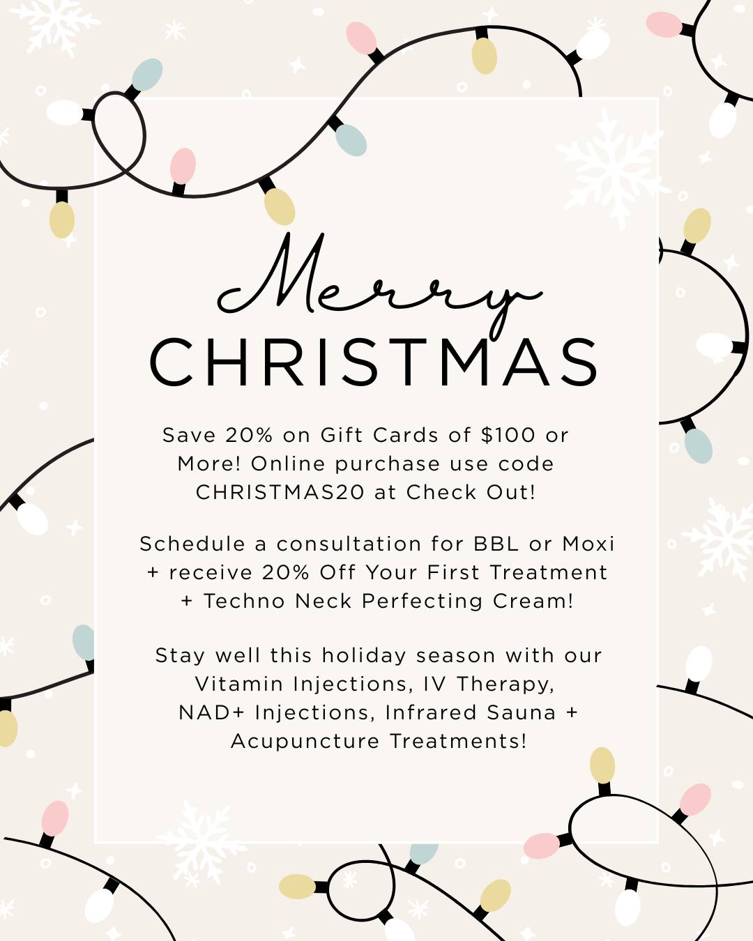 Merry Christmas from Alchemy MedSpa + Wellness!
Give the gift of glow this holiday season — or treat yourself!

🎁 Save 20% on Gift Cards of $100+
Use code CHRISTMAS20 at checkout for online purchases.

✨ Holiday Treatment Special:
Book a consultation for BBL or Moxi and receive:
• 20% off your first treatment
• FREE Techno Neck Perfecting Cream!

🌿 Stay well this season with our Vitamin Injections, IV Therapy, NAD+ Injections, Infrared Sauna & Acupuncture.

Spread a little wellness + beauty this Christmas. ❤️
#AlchemyMedSpa #HolidayGlow