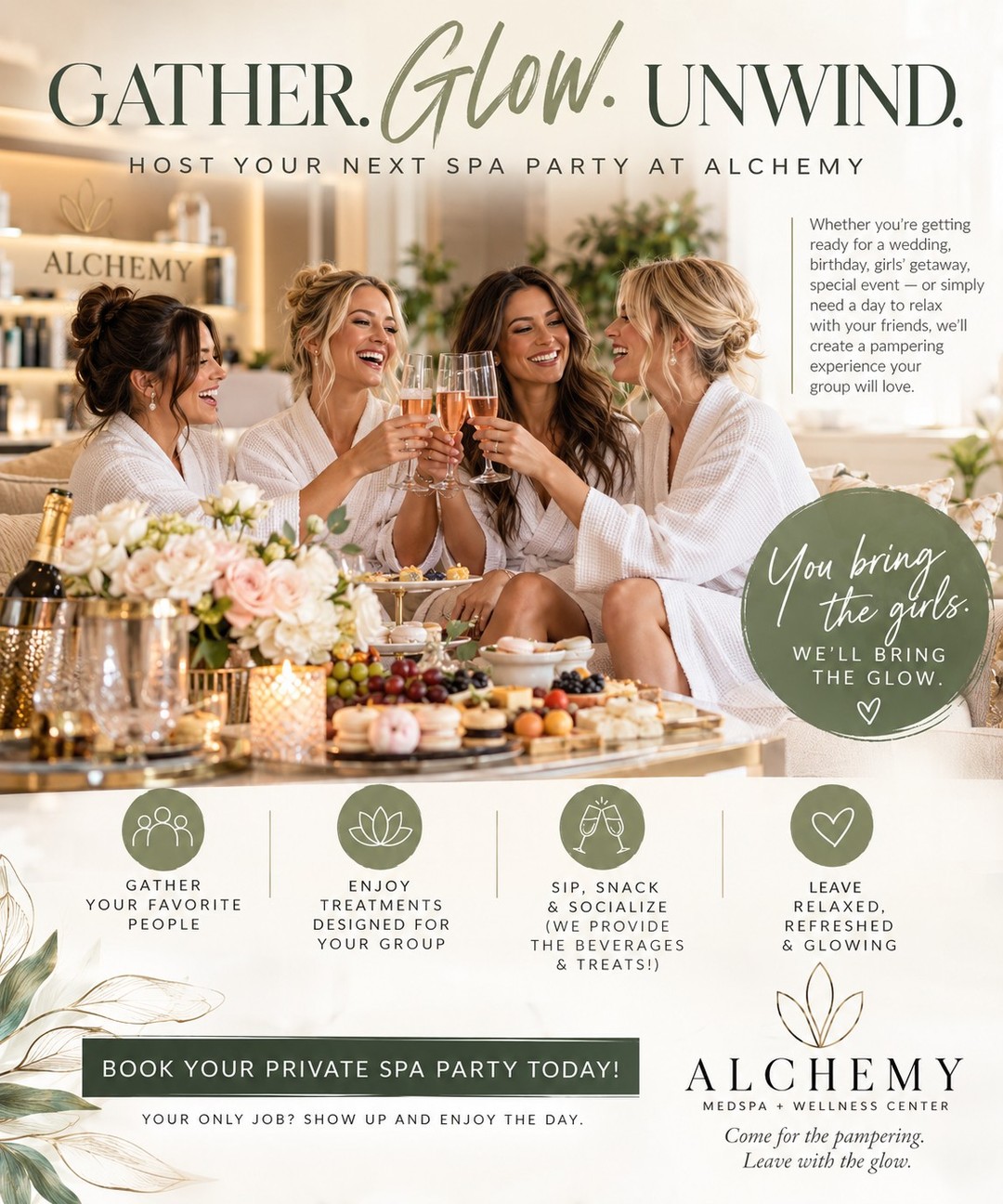 You bring the girls. We’ll bring the glow. Some celebrations deserve more than dinner and drinks. Gather your favorite people and make a day of it at Alchemy MedSpa + Wellness Center.

Whether you're celebrating a birthday, getting ready for a wedding, planning a girls’ getaway, marking a special occasion — or simply need an excuse to spend the day being pampered — we’ll create a private spa experience your group will love.

Think:
🤍 Treatments designed for your group
🥂 Beverages provided
🍓 Snacks & treats provided
✨ Time to relax, laugh & reconnect
🌿 A little self-care with your favorite people

And the best part? Your only job is to show up and enjoy the day.

Gather. Glow. Unwind. Ready to plan your Alchemy Spa Party?
Contact the spa to start planning your private experience today at 423.654.7630.

#AlchemyMedSpa #AlchemyWellness #SpaParty #SpaDay #GirlsDay #GirlsDayOut #GirlsGetaway #ChattanoogaTN #BirthdayParty #BridalParty #BridalShower #BacheloretteParty #SelfCare #MedSpa #WellnessCenter #GatherGlowUnwind #SpaExperience