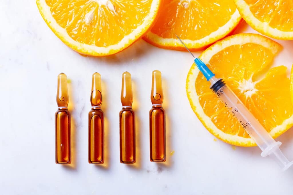 vials filled with vitamins for vitamin injections to boost energy.